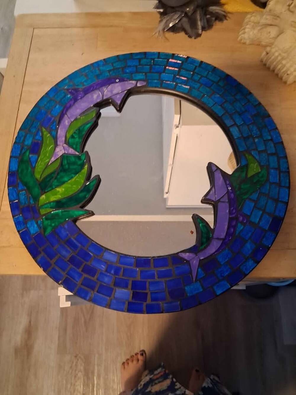 Dolphin mosaic round mirror home decor coastal nautical 16"